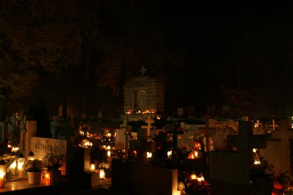 Nocny spacer po cmentarzu w blasku lampionów i księżyca