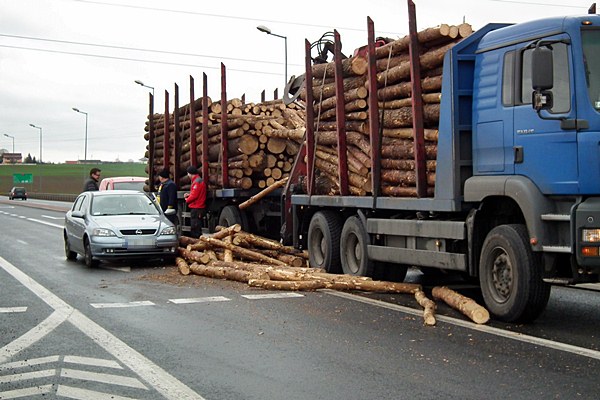 Spadający z ciężarówki drewniany bal wpadł do osobowej astry.