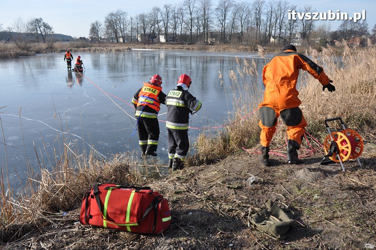 Akcja ratownicza na zamarzniętym akwenie