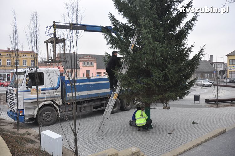Kilkumetrowa choinka stanęła na szubińskim rynku