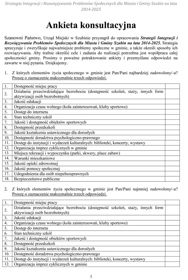 Zachęcamy państwa do czynnego wypełnienia ankiet - miejmy znaczący wpływ na strategię Rozwoju Miasta i Gminy Szubin