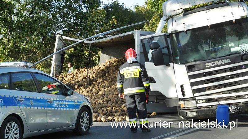Buraki cukrowe na jezdni drogi wojewódzkiej w Kosowie