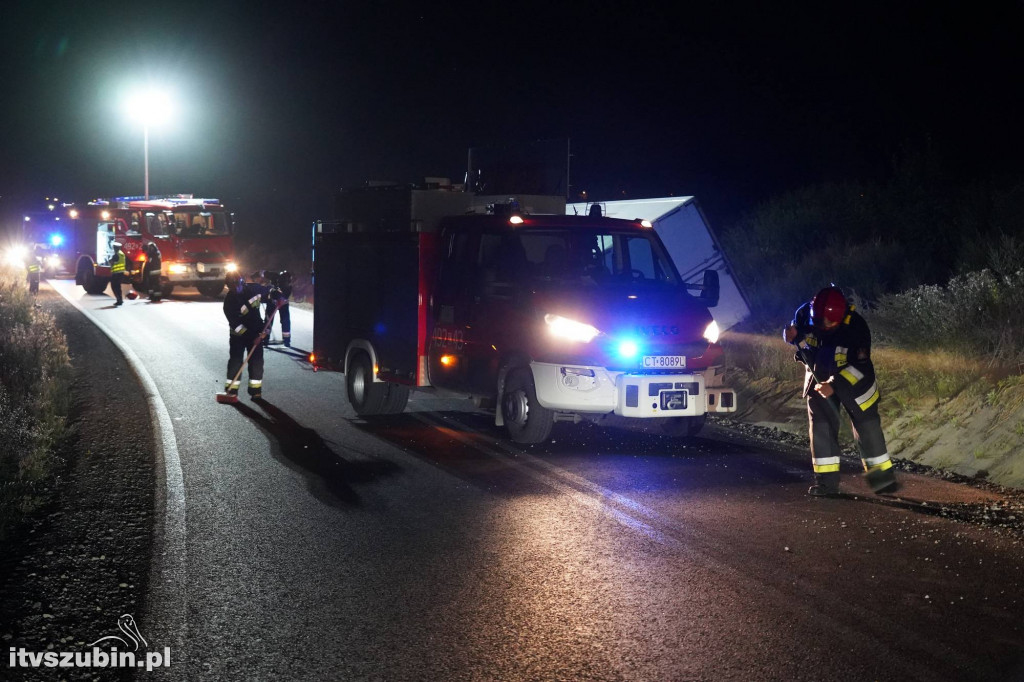 Samochód cieżarowy z wędlinami wylądował w rowie